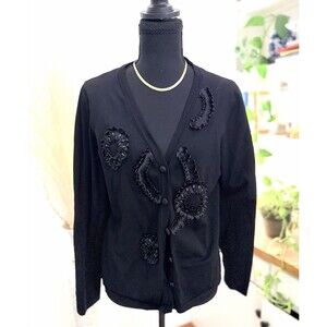 Lauren Michelle Black Beaded Embroidered Knit Cardigan Sweater XL Viscose